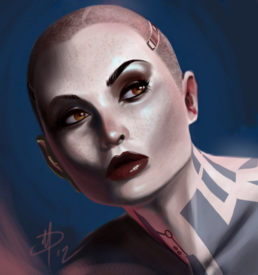 1girl bald bald_female brown_eyes buzz_cut close-up eyelashes eyeshadow female_focus jack_(mass_effect) lips lipstick makeup mass_effect_(series) mass_effect_2 nose polarityplus realistic short_hair solo tattoo thick_lips very_short_hair