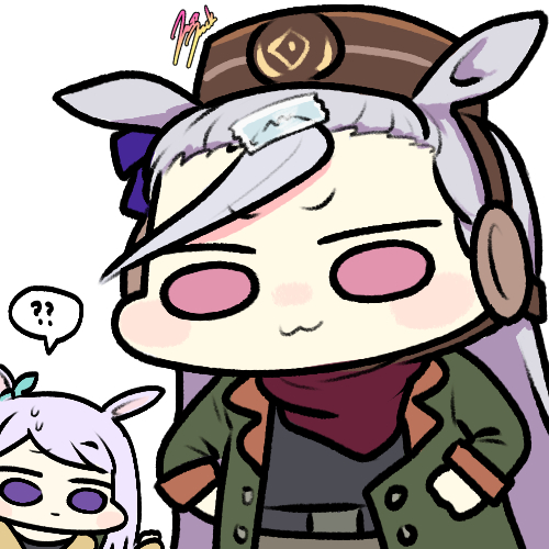 !? 2girls ? ?? animal_ears aqua_bow bandana bow brown_headwear buttons check_commentary chibi coat commentary commentary_request cosplay double-breasted ear_bow gold_ship_(umamusume) green_coat grey_hair gundam gundam_tekketsu_no_orphans hair_between_eyes hands_on_own_hips headgear horse_ears horse_girl jazz_jack korean_commentary long_hair long_sleeves lowres mejiro_mcqueen_(umamusume) multiple_girls open_clothes open_coat orga_itsuka orga_itsuka_(cosplay) pillbox_hat pink_eyes purple_eyes purple_hair red_bandana spoken_interrobang sweatdrop tape umamusume wide_face