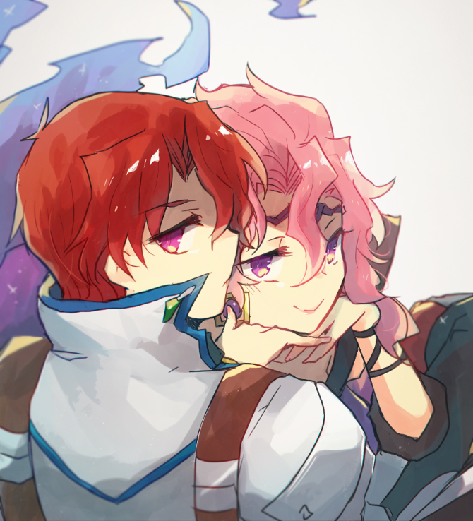 1boy 1girl axel_almer bad_id bad_tumblr_id lemon_browning nunuko_(mu661129) pink_hair red_hair simple_background smile super_robot_wars super_robot_wars_advance super_robot_wars_advance_portable super_robot_wars_og_the_inspector super_robot_wars_original_generation super_robot_wars_original_generation_2