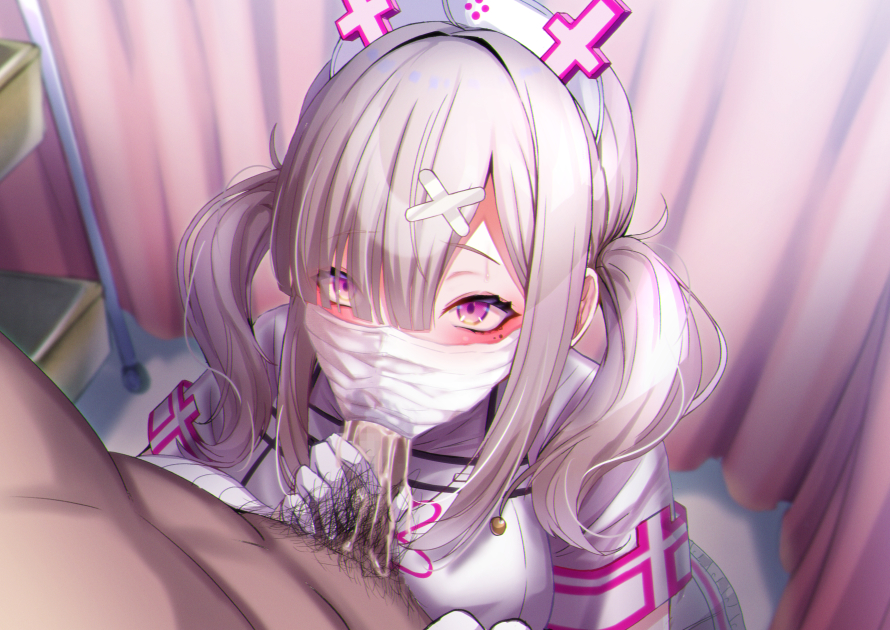 1boy 1girl bandages cum cum_in_mouth fellatio fellatio_under_mask gloves grey_hair hair_ornament hair_over_one_eye hat hetero male_pubic_hair mask mole mole_under_eye mouth_mask mouth_veil nijisanji nurse nurse_cap oral pubic_hair purple_eyes solo_focus sukoya_kana twintails veil virtual_youtuber white_gloves x_hair_ornament xwu
