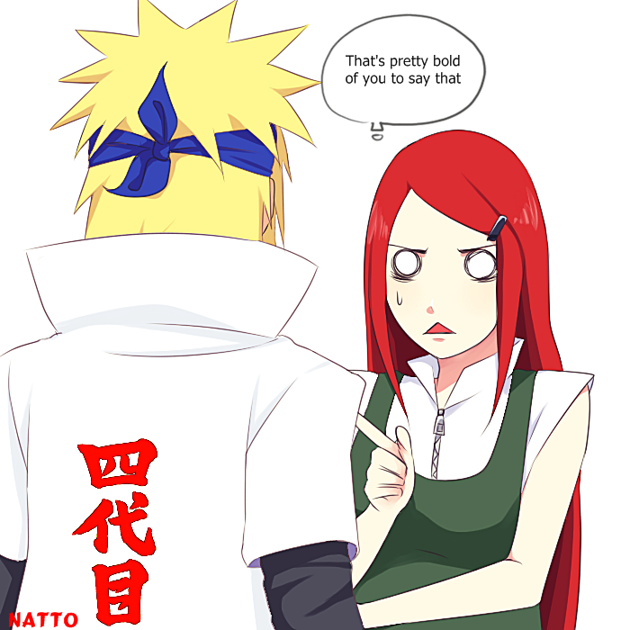 blonde_hair forehead_protector hair_ornament hokage husband_and_wife layered_sleeves long_hair long_sleeves namikaze_minato narrowed_eyes naruto_(series) nattouh open_mouth pointing pointing_at_another pregnant red_hair scene_reference short_over_long_sleeves short_sleeves simple_background speech_bubble spiked_hair sweatdrop uzumaki_kushina white_background