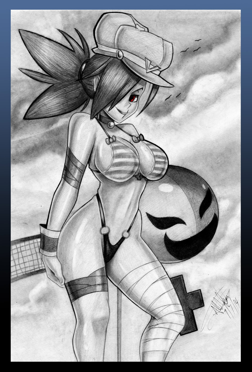 1girl bad_id bad_pixiv_id ball bandages beachball bikini breasts newsboy_cap choker cleavage hat highleg highleg_bikini highres large_breasts long_hair mario_(series) nintendo phanto ponytail red_eyes scar sideboob single_thighhigh skindentation skullgirls striped_bikini striped_clothes swimsuit thighhighs todd_l._milhouse valentine_(skullgirls) wrist_cuffs
