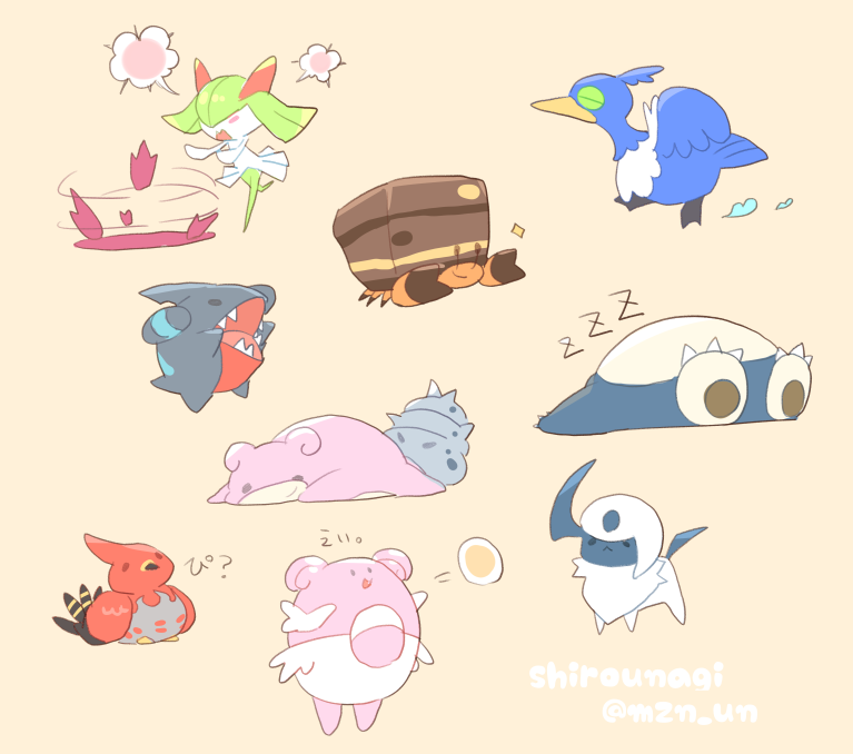 absol artist_name black_eyes blissey brown_background claws colored_skin cramorant crustle egg fangs game_freak gen_1_pokemon gen_2_pokemon gen_3_pokemon gen_4_pokemon gen_5_pokemon gen_6_pokemon gen_8_pokemon gible green_hair green_skin horns kirlia multicolored_skin mzn_un nintendo open_mouth pink_skin pokemon pokemon_(creature) pokemon_unite sidelocks simple_background single_horn sleeping slowbro snorlax talonflame two-tone_skin white_skin zzz