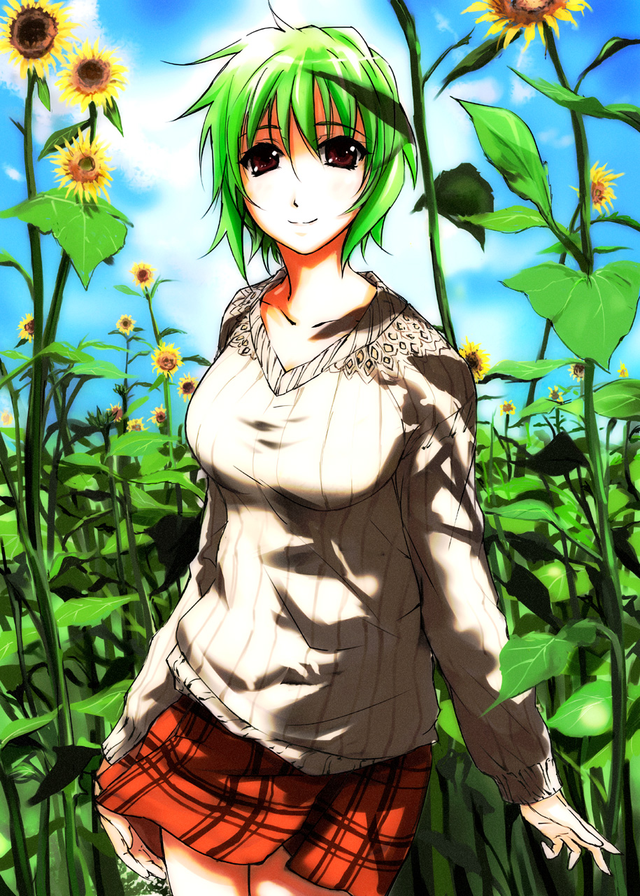 1girl adapted_costume bad_id bad_pixiv_id breasts cloud contemporary day female_focus field flower flower_field funeral_(artist) green_hair highres kazami_yuuka large_breasts nature plaid_clothes plaid_skirt red_eyes short_hair skirt sky smile solo sumisi sunflower sunflower_field sweater touhou