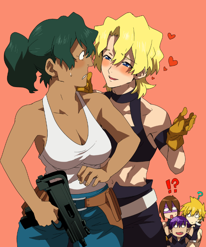 !? 00s 2girls 3boys ? belt blonde_hair blush breasts brown_hair cleavage couple dayakka genderswap genderswap_(ftm) genderswap_(mtf) gloves green_hair gun gunbelt hetero kinon_bachika kittan_bachika kiyal_bachika kiyoh_bachika large_breasts mac-10/11 machine_pistol matsukaze_yukiji midriff multiple_boys multiple_girls ponytail purple_hair submachine_gun tank_top tengen_toppa_gurren_lagann weapon