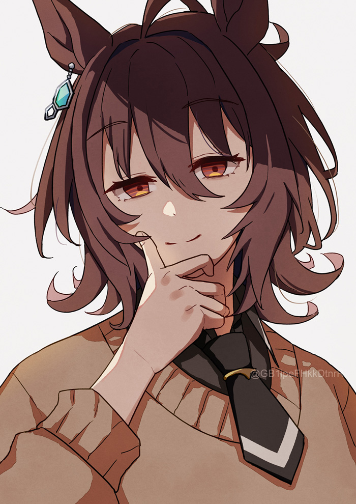 1girl agnes_tachyon_(umamusume) ahoge animal_ears black_necktie black_shirt brown_hair chemical_structure closed_mouth collared_shirt ear_ornament earrings hair_between_eyes hand_on_own_face horse_ears horse_girl jewelry long_sleeves necktie red_eyes shirt short_hair short_necktie simple_background single_earring smile solo split_mouth sweater twitter_username umamusume watermark white_background wolf_cut yellow_sweater yukidaruma1114