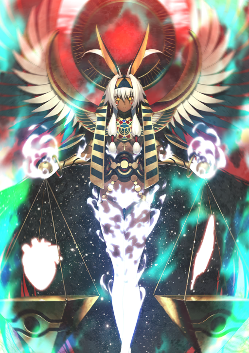 1girl absurdly_long_hair ancient_egyptian_clothes ankh ankh_necklace armor belt blue_headband bracer breasts closed_mouth colored_inner_hair dark-skinned_female dark_skin earrings expressionless facial_mark fake_wings fate/grand_order fate_(series) fire flaming_arm flaming_hand flaming_leg floating_hair game_cg glowing gluteal_fold gold_armor gold_earrings hair_between_eyes hair_intakes hands_up headband heart_(organ) hoop_earrings implied_extra_ears jewelry legs_together long_hair looking_at_viewer low-tied_sidelocks medium_breasts multicolored_hair nitocris_(fate) nitocris_alter_(fate) nitocris_alter_(third_ascension)_(fate) no_pants official_art revealing_clothes shima_udon sidelocks single_feather solo straight-on thigh_gap third-party_source two-tone_headband underboob very_dark_skin very_long_hair weighing_scale white_fire white_hair wings yellow_eyes yellow_headband