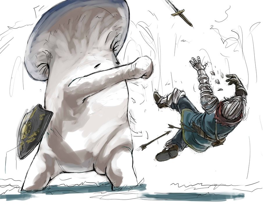 1boy armor arrow_(projectile) bad_id bad_pixiv_id dark_souls_(series) dark_souls_i fromsoftware full_armor gauntlets height_difference helmet kabo_(sgegaet) knight knight_of_astora_oscar monster mushroom mushroom_parent punching quiver sgegaet shield size_difference sword truth violence weapon