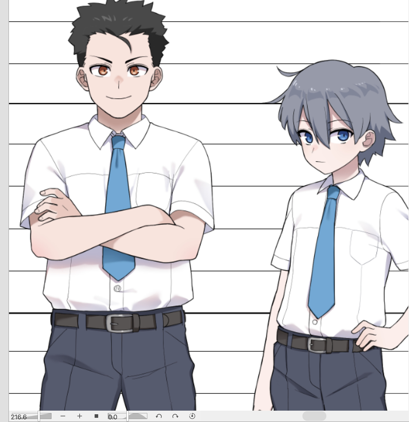 2boys akitokage black_hair black_pants blue_eyes grey_hair height_difference highres looking_at_viewer male_focus multiple_boys orange_eyes original pants shirt short_hair white_shirt