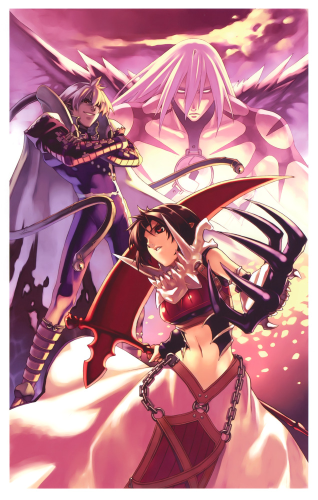 1girl 2boys armor armored_dress bodysuit brown_hair cape chain crossed_arms dress earth_(spectral) earth_(spectral_force) gauntlets grin hirano_katsuyuki hiro_(spectral_force) holding_behind_back holding_polearm holding_polearm_behind_back holding_weapon holding_weapon_behind_back jadou jadou_(spectral_force) multiple_boys navel official_art polearm red_eyes scythe short_hair smile spectral_(series) spectral_force spectral_vs_generation tabard topless_male white_hair wings