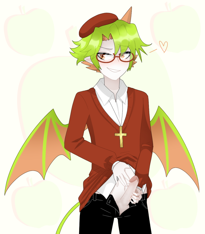 1boy apple beret black_pants blush collared_shirt cross cross_necklace demon_boy demon_horns demon_tail demon_wings food fruit funamusea gallaxi genderswap genderswap_(ftm) glasses green_hair haiiro_teien hat heart horns jewelry looking_to_the_side male_focus navel necklace open_pants orange_eyes pants patterned_background penis penis_grab pointy_ears red-framed_eyewear red_vest shirt short_hair single_horn smile smug solo spoken_heart sweater_vest tail teeth testicles vest white_shirt wings yosafire_(funamusea)