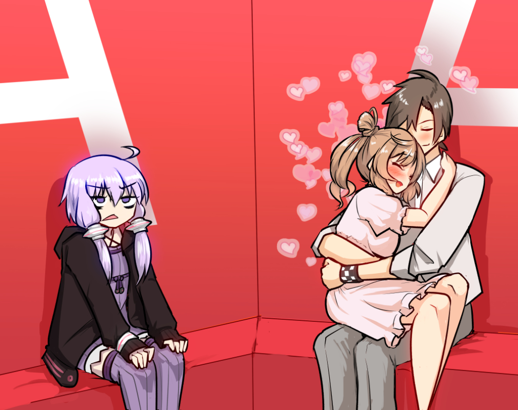 1boy 2girls ahoge bags_under_eyes black_hoodie blush bracelet brown_hair cevio closed_eyes commentary_request criss-cross_halter dokuna dress empire_waist feet_out_of_frame frilled_dress frills geinoujin_kakuzuke_check grey_pants hair_bun halter_dress halterneck hands_on_own_knees heart hood hood_down hoodie hug jewelry jitome light_purple_hair multiple_girls mutual_hug open_clothes open_hoodie open_mouth pants pink_dress polo_shirt puffy_short_sleeves puffy_sleeves purple_dress purple_eyes purple_thighhighs ribbed_dress ribbed_thighhighs rolling_eyes satou_sasara shirt short_dress short_hair_with_long_locks short_sleeves side_ponytail single_hair_bun sitting sitting_on_lap sitting_on_person sleeves_past_wrists sleeves_rolled_up smile takahashi_amato thighhighs triangle_mouth v-shaped_eyebrows vocaloid voiceroid white_shirt yuzuki_yukari