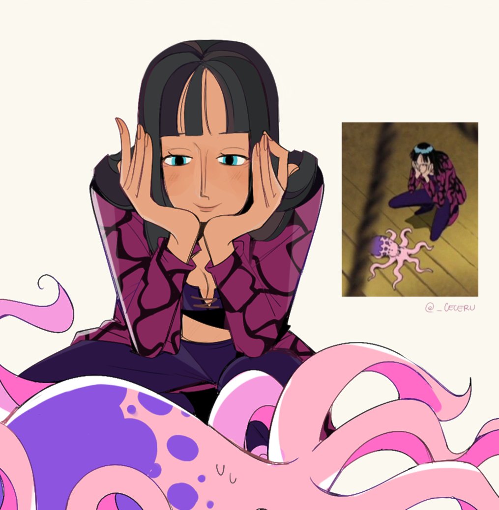 1girl animal black_hair blue_eyes blunt_bangs cesel closed_mouth commentary cross-laced_clothes cross-laced_top derivative_work head_rest long_hair long_sleeves looking_at_animal midriff nico_robin octopus official_alternate_costume one_piece one_piece:_dead_end_adventure pants purple_pants purple_shirt screenshot_inset shirt simple_background smile squatting twitter_username white_background