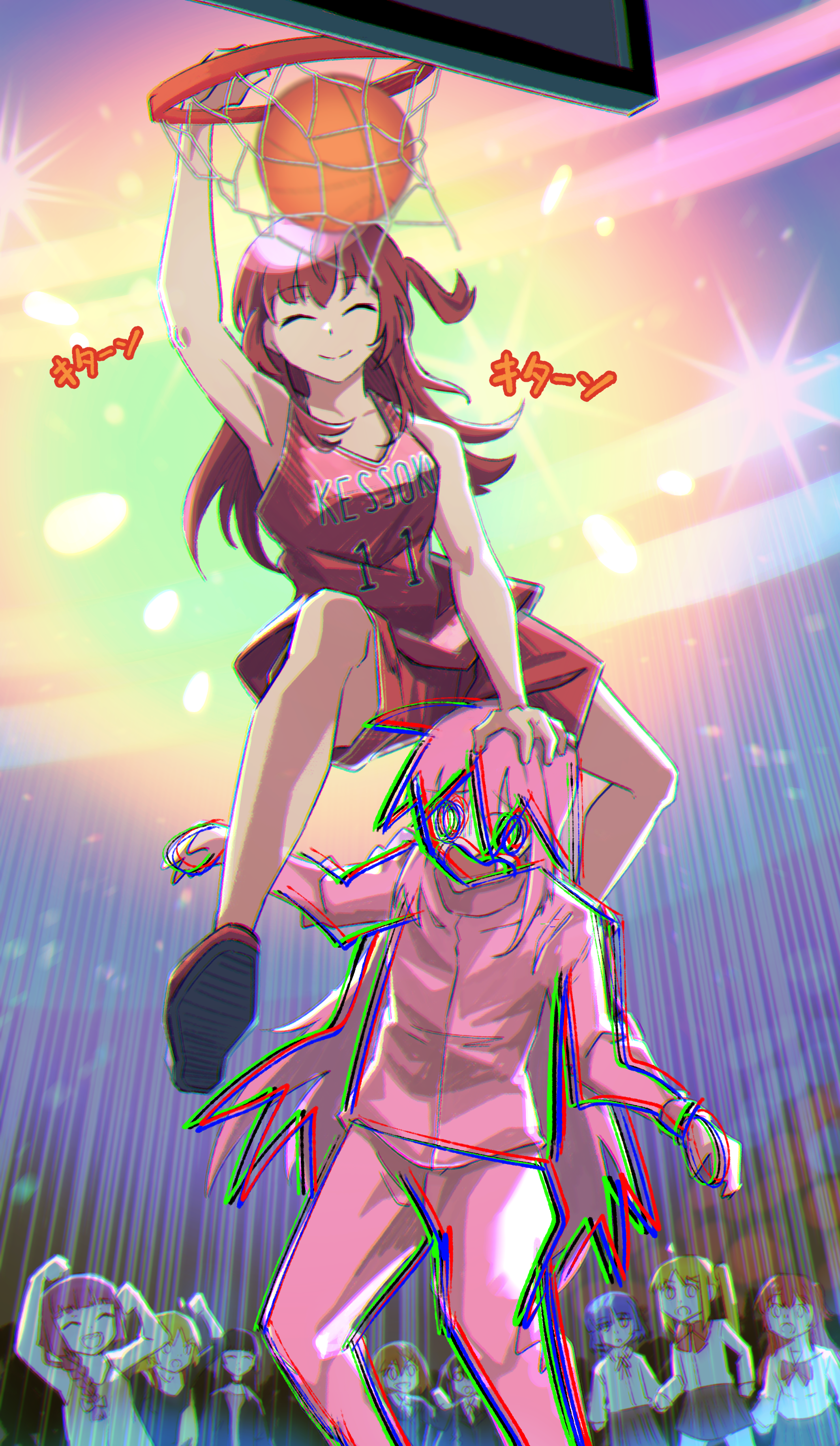 6+girls absurdres arms_up ball basketball basketball_(object) basketball_hoop basketball_uniform black_shirt blonde_hair blurry bocchi_the_rock! bokeh braid braided_ponytail brown_hair brown_skirt cheering clenched_hand closed_eyes closed_mouth commentary depth_of_field distortion glitch gotoh_hitori hair_over_shoulder hand_on_another's_head highres hiroi_kikuri homu_(homuplush) ijichi_nijika ijichi_seika jacket jumping kita_ikuyo lens_flare long_hair medium_hair meme multiple_girls pa-san pants pink_hair pink_jacket pink_pants pink_track_suit pleated_skirt ponytail red_hair red_shirt red_shoes red_shorts shirt shoes shorts skirt slam_dunk_(basketball) smile sportswear standing surprised track_suit tu_mama_w_(meme) very_long_hair white_shirt yamada_ryo