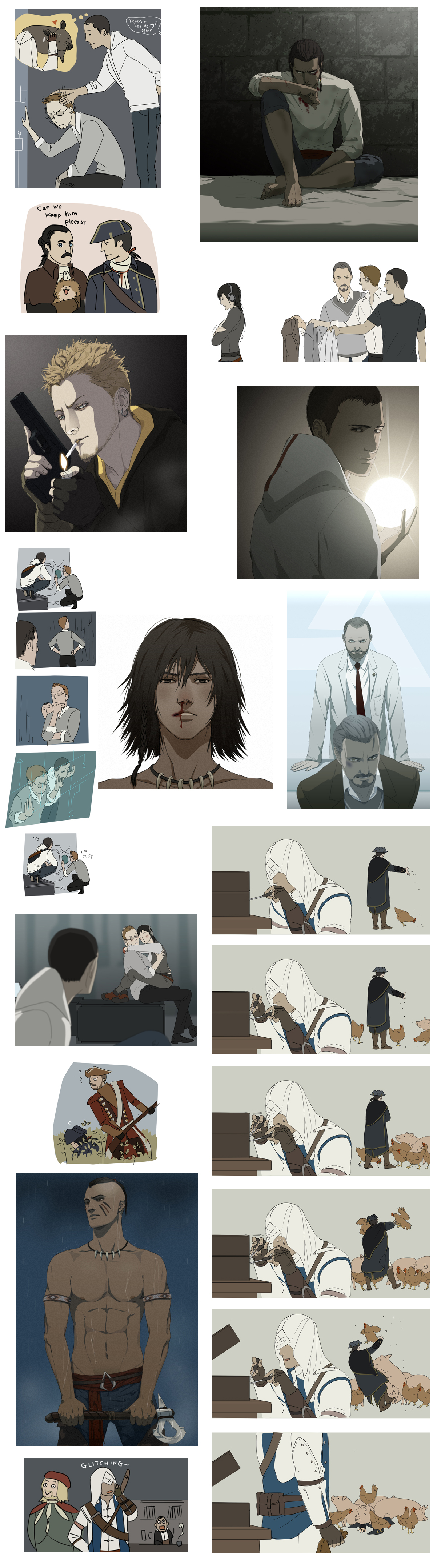 1girl 6+boys :> ? absurdres aged_down apple_of_eden_(assassin's_creed) assassin's_creed assassin's_creed_(series) assassin's_creed_ii assassin's_creed_iii bandages beard bed bird black_gloves black_hair blonde_hair blood blue_eyes blush bookshelf bow_(weapon) braid brown_eyes brown_gloves brown_hair bush cape caught charles_lee chicken cigarette clothes coat connor_kenway daniel_cross desmond_miles earrings english_text facial_hair facial_mark feeding fingerless_gloves gameplay_mechanics gb_(doubleleaf) giving glasses gloves grey_hair gun hand_on_own_chin hands_on_own_hips hat haytham_kenway headpat headphones hiding highres holding hood hoodie hug jewelry lab_coat leonardo_da_vinci lighter lockpick logo looking_at_another looking_at_viewer malik_al-sayf mohawk multiple_boys mustache necklace necktie open_mouth pig rebecca_crane red_coat renaissance_clothes rifle shaun_hastings short_hair side_braid sitting sketch smile smoking stroking_own_chin sweat time_paradox tomahawk topless_female trembling tricorne vambraces warren_vidic weapon william_miles