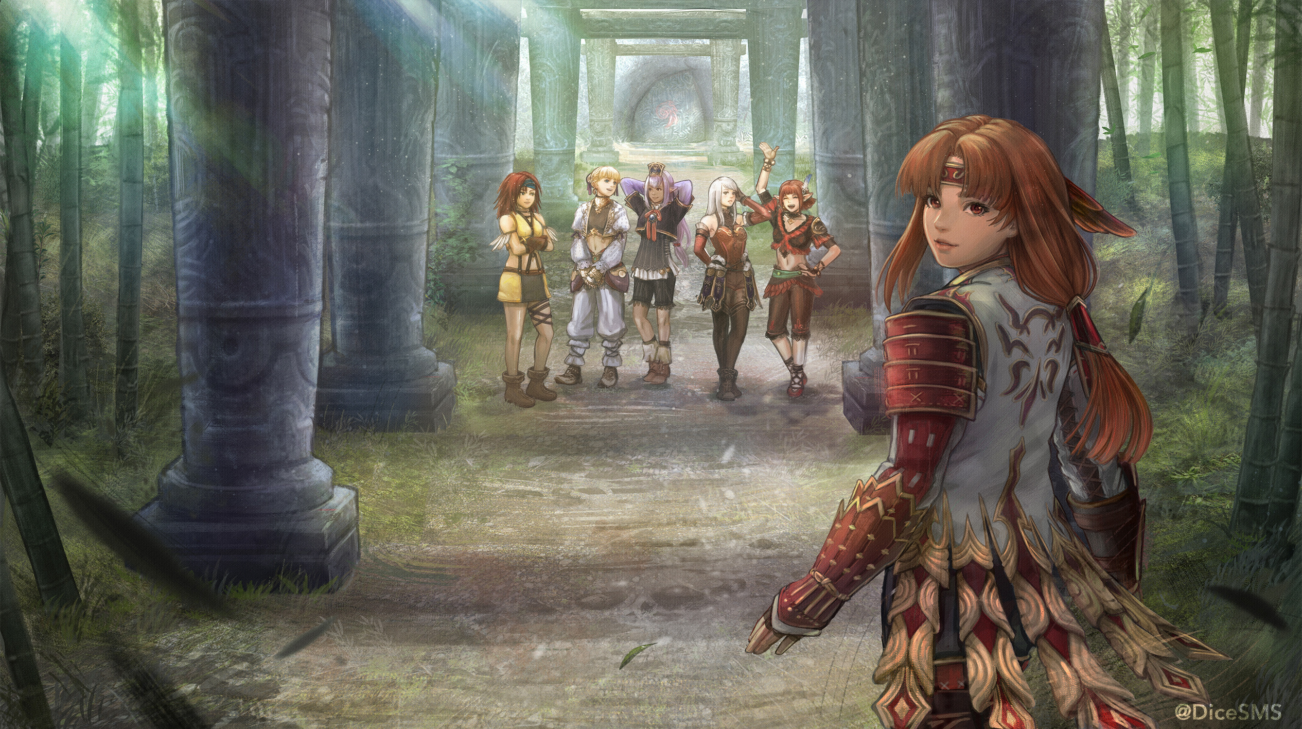 6+girls :d ^_^ afumau_(final_fantasy) arciela_v_adoulin arm_behind_back armor arms_behind_head arms_up bamboo bamboo_forest bare_shoulders black_choker black_pants black_skirt black_socks blonde_hair blue_headband boots breasts brown_boots capri_pants choker closed_eyes commentary commission cropped_jacket crossed_arms curtained_hair dancer_(final_fantasy) dark-skinned_female dark_skin detached_sleeves dicesms elf elvaan english_commentary feather_hair_ornament feathers final_fantasy final_fantasy_xi forest grass grey_hair hair_ornament hand_on_own_hip headband highres hume in-universe_location iroha_(ff11) jacket japanese_armor juliet_sleeves kote light_rays lilisette lion_(ff11) long_hair long_sleeves low-tied_long_hair medium_breasts miniskirt multiple_girls nature navel official_alternate_eye_color official_alternate_hair_color official_art open_clothes open_jacket open_mouth outdoors pants path pointy_ears prishe puffy_detached_sleeves puffy_sleeves purple_hair red_armor red_eyes red_hair red_headband red_shoes red_sleeves road shoes short_hair skirt smile socks twitter_username two-tone_skirt white_jacket white_pants yellow_skirt