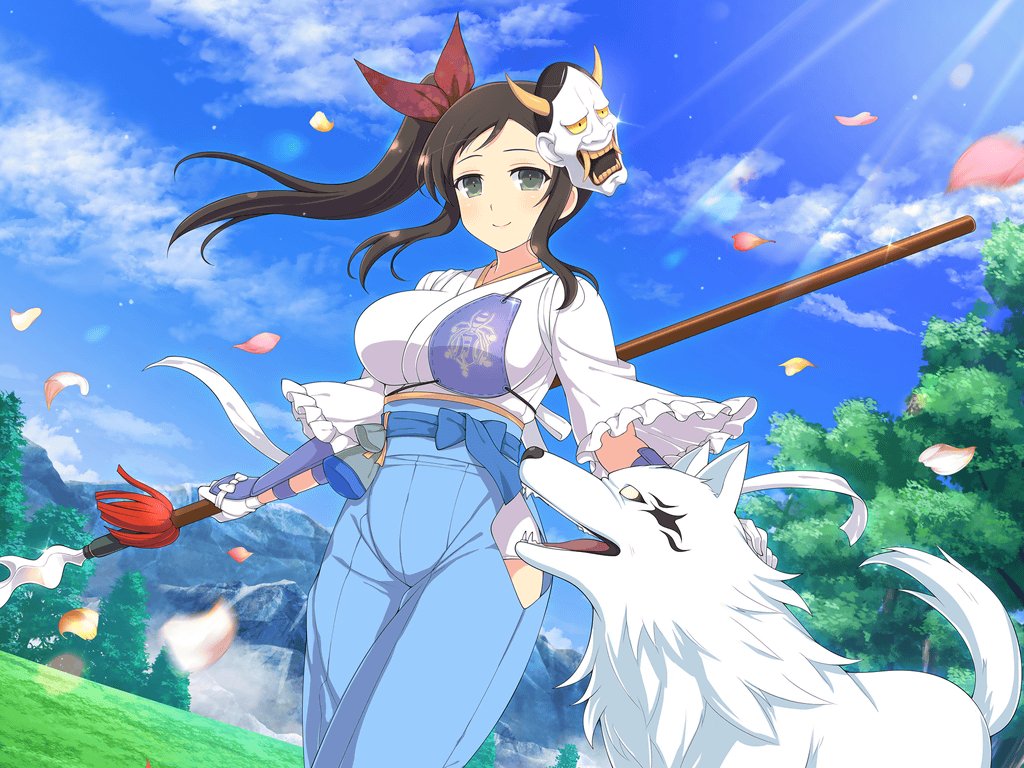 1girl animal animal_ears armor belt_pouch black_sclera blue_bow blue_hakama blue_sky blurry blush bow breasts brown_hair cleaver cloud colored_sclera day depth_of_field emblem falling_petals field forest frilled_kimono frills gessen_academy_school_uniform gloves green_eyes groin hair_ribbon hakama hannya holding holding_polearm holding_weapon japanese_armor japanese_clothes kimono kotarou_(senran_kagura) kote large_breasts leaf light_particles long_hair looking_at_viewer mask mask_on_head mountain mountainous_horizon muneate murakumo_(senran_kagura) nature noh_mask official_alternate_costume official_art oni_mask outdoors petals petting polearm pouch ribbon school_emblem senran_kagura senran_kagura_new_link senran_kagura_shinovi_versus side_ponytail side_slit sidelocks sky smile solo sparkle spear sunlight tail tassel tree waist_bow weapon white_gloves white_wolf wolf wolf_ears wolf_tail yaegashi_nan