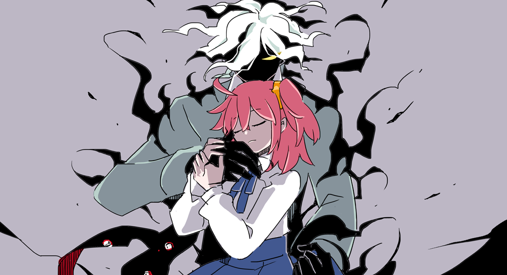 1boy 1girl ahoge aura black_skin blue_ribbon blue_skirt closed_eyes closed_mouth collared_shirt colored_skin cowboy_shot dark_aura edmond_dantes_(fate) edmond_dantes_(first_ascension)_(fate) fate/grand_order fate_(series) fujimaru_ritsuka_(female) fujimaru_ritsuka_(female)_(anniversary_blonde) green_jacket grey_background guiding_hand hair_between_eyes hair_ornament hair_scrunchie hand_on_another&#039;s_cheek hand_on_another&#039;s_face hands_on_another&#039;s_hand hiro_(srso4_) jacket light_smile long_sleeves looking_at_viewer neck_ribbon one_side_up orange_scrunchie pink_hair ribbon scrunchie shirt simple_background skirt solid_eyes u_u white_shirt wing_collar yellow_eyes