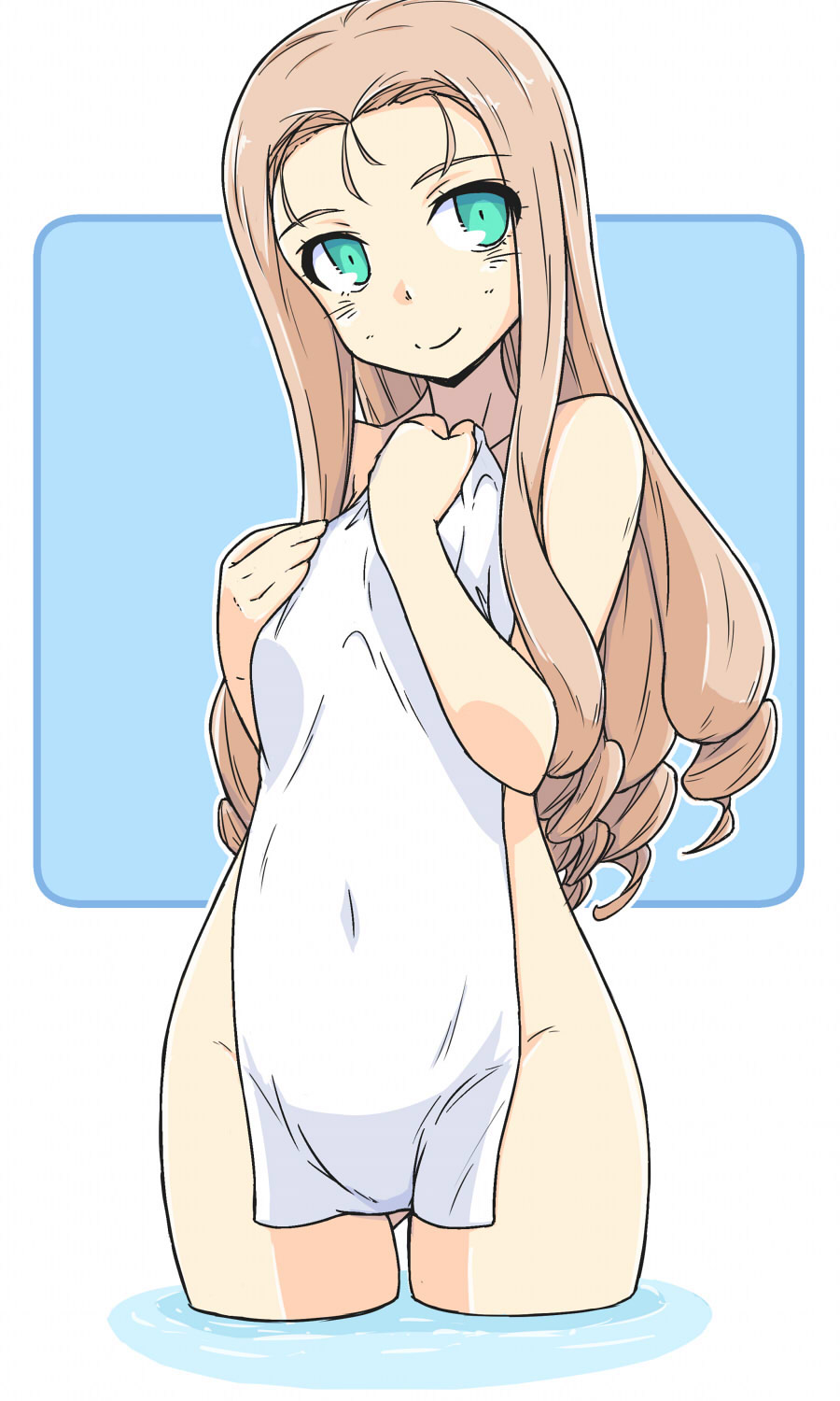 1girl bathing blonde_hair closed_mouth commentary covered_navel covering_breasts covering_privates cowboy_shot drill_hair girls_und_panzer gluteal_fold green_eyes highres long_hair looking_at_viewer marie_(girls_und_panzer) naked_towel renshiu smile solo standing towel wading water