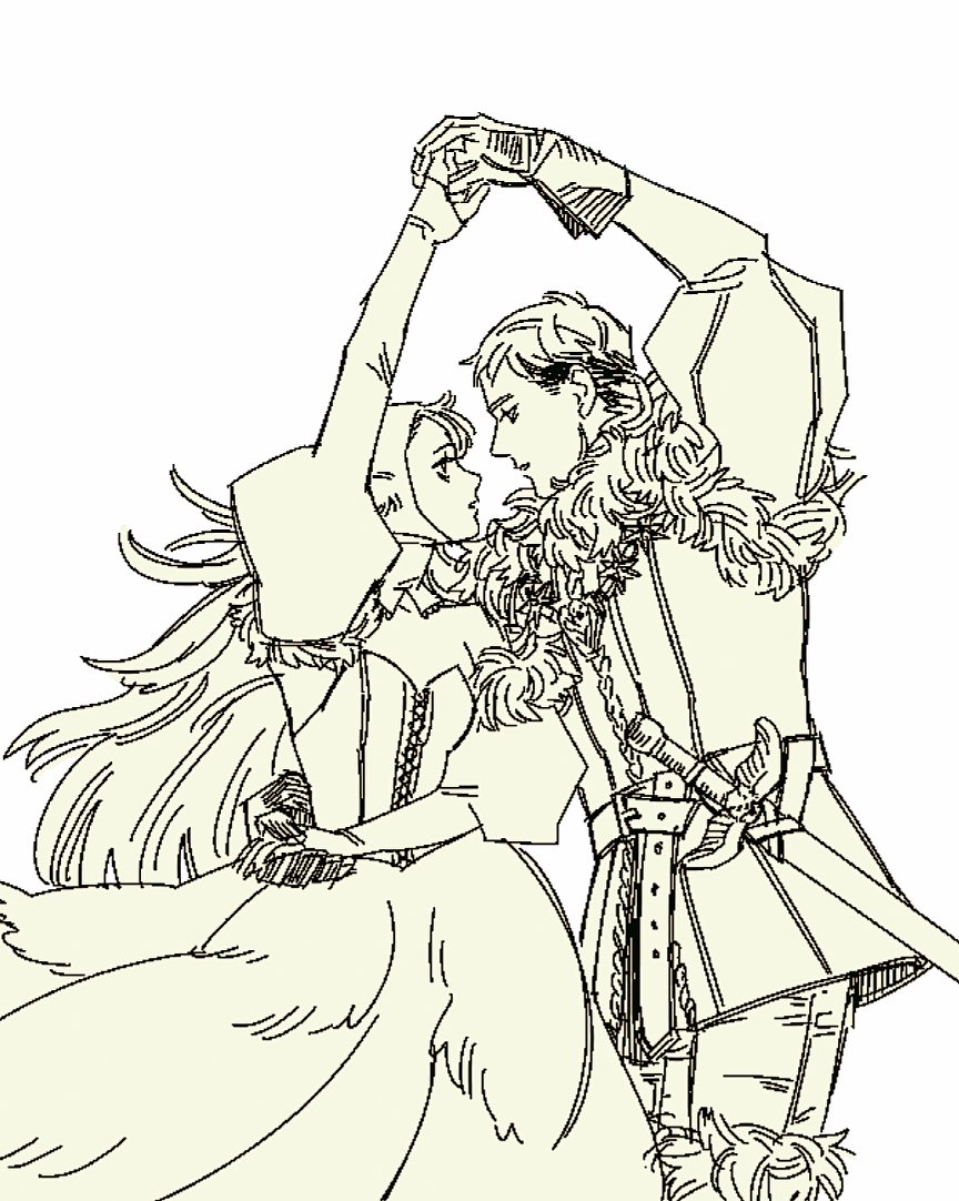 1boy 1girl aliasing bags_under_eyes belt bodice cowboy_shot dancing dress dungeon_meshi elf from_side fur_trim gloves half-closed_eyes holding_hands hood kensuke_(dungeon_meshi) laios_touden long_hair looking_at_another marcille_donato marcille_donato_(lord) official_alternate_costume parted_lips pointy_ears puffy_sleeves rivaeri short_hair sword weapon white_background