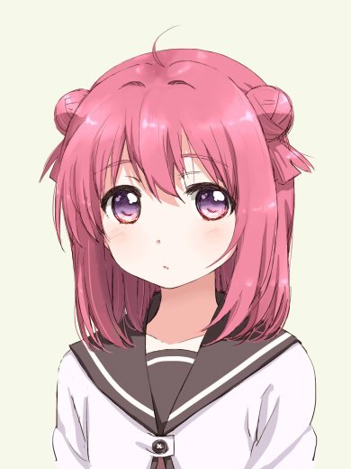 1girl ahoge akaza_akari blush closed_mouth collarbone double_bun female_focus hair_bun looking_at_viewer medium_hair nanamori_school_uniform purple_eyes red_hair school_uniform shikou_sakugo_(qqap9gt9k) sketch solo upper_body yuruyuri