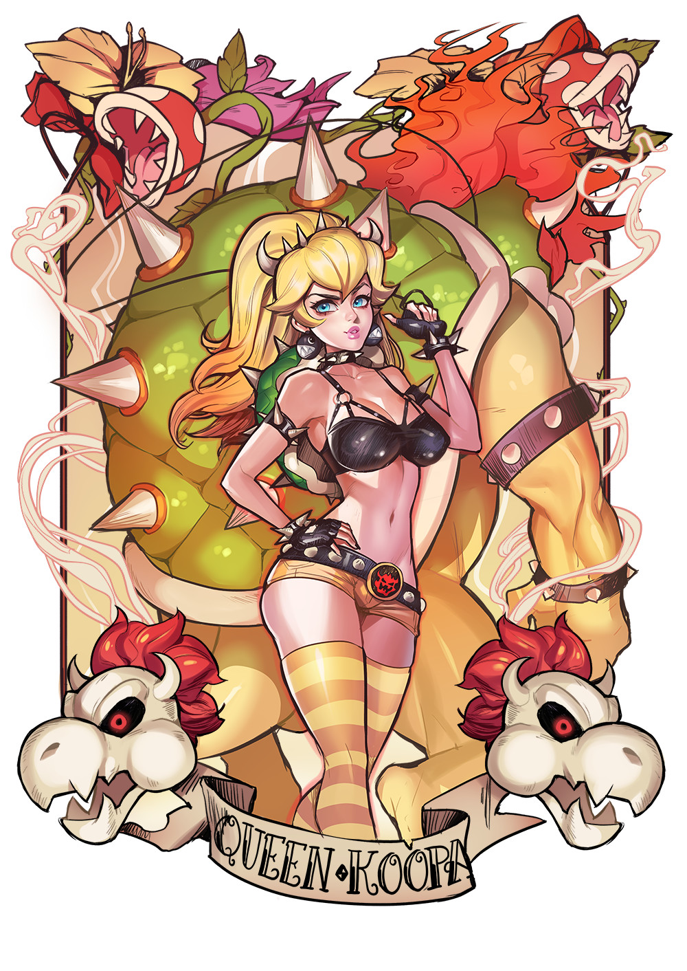 1boy 1girl blonde_hair bowser bracelet chain_chomp collar dry_bowser fingerless_gloves gloves highres jewelry mario_(series) monster new_super_mario_bros. nintendo oskar_vega piranha_plant princess_peach shell short_shorts shorts spiked_bracelet spiked_collar spikes super_mario_bros._1 thighhighs