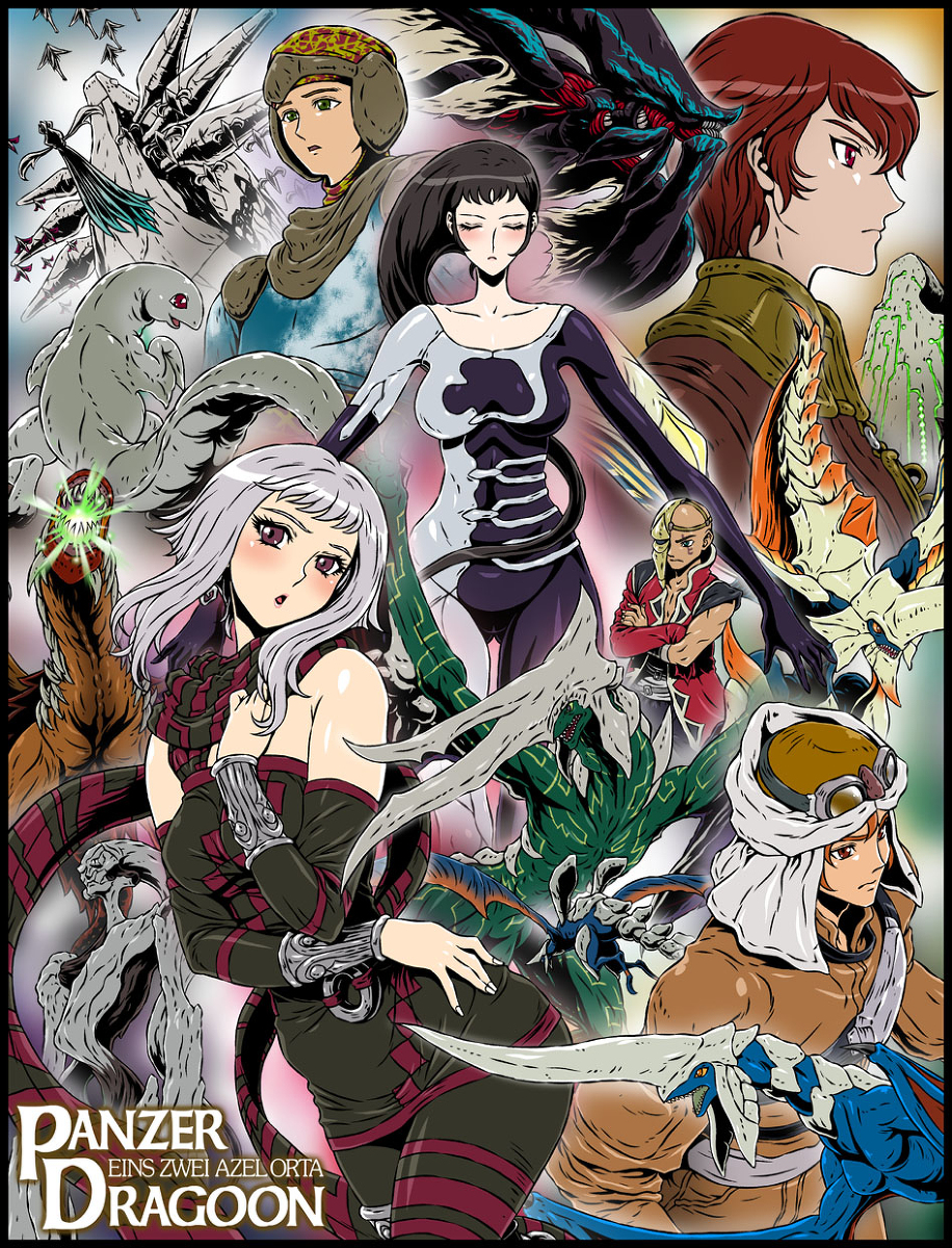 2girls 5boys abadd atolm azel_(panzer_dragoon) dragon edge_(panzer_dragoon) gash_(panzer_dragoon) goggles highres jean-luc_lundi keil_fluge long_hair mask mitsurino multiple_boys multiple_girls orta panzer_dragoon panzer_dragoon_orta panzer_dragoon_saga panzer_dragoon_zwei sega silver_hair very_long_hair