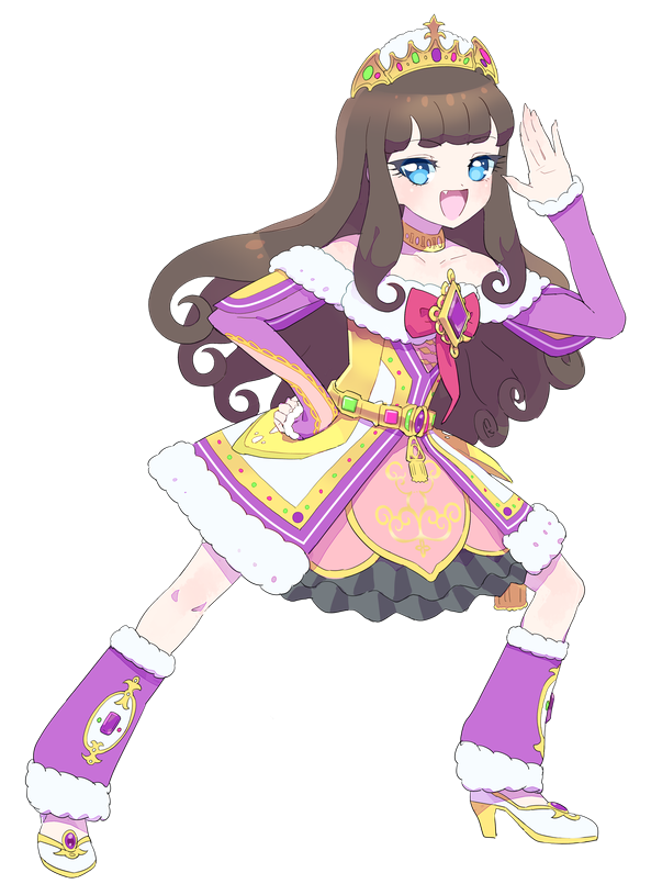 1girl bare_shoulders blue_eyes brown_hair curly_hair dress fang full_body fur-trimmed_dress fur-trimmed_leg_warmers fur_trim gold_belt gold_choker gold_trim hand_on_own_hip hand_up high_heels kurosu_aroma layered_skirt leg_warmers legs_apart listening long_sleeves looking_at_viewer lunge moudoku_(decopon3rd) multicolored_dress off-shoulder_dress off_shoulder open_mouth outstretched_leg pink_skirt pretty_series pripara purple_leg_warmers short_dress sidelocks simple_background skirt skirt_under_dress smile solo standing tiara white_background white_dress