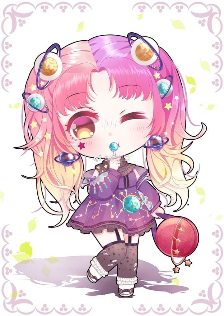1girl ;t bag bare_shoulders black_collar black_thighhighs blonde_hair bow candy character_request chibi chupa_chups closed_mouth collar constellation_print detached_collar dot_nose dress eyelashes facial_tattoo food frilled_bow frilled_collar frilled_dress frills gradient_hair hair_ornament handbag holding holding_bag holding_candy holding_food holding_lollipop jacket layered_legwear leaf leg_up light_blush lollipop long_sleeves looking_at_viewer miracle_nikki multicolored_hair muxi_jiang nikki_(series) one_eye_closed parted_bangs picture_frame pink_hair planet_earrings planet_hair_ornament planetary_ring pleated_dress puffy_long_sleeves puffy_sleeves purple_dress purple_hair purple_jacket red_bag ribbed_thighhighs sandals shadow sleeveless sleeveless_jacket socks solo source_request standing star_(symbol) star_print star_tattoo tattoo thighhighs third-party_source torn_clothes torn_thighhighs twintails watermark weibo_watermark white_background white_sandals white_socks yellow_eyes