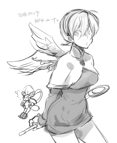 2girls breasts breath_of_fire breath_of_fire_iv brooch closed_mouth dress fairy_(breath_of_fire) feathered_wings greyscale hairband jewelry looking_at_viewer lowres medium_breasts monochrome multiple_girls nina_(breath_of_fire_iv) short_hair simple_background skirt very_short_hair white_background wings