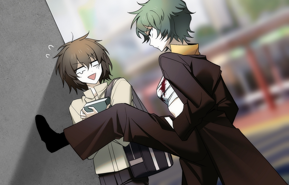 1boy 1girl black_coat black_pants black_shoes blood blood_on_clothes blurry blurry_background book bousouzoku brown_hair chest_sarashi closed_mouth coat commentary commentary_request delinquent ekplsc english_commentary foot_kabedon green_hair harada_minoru holding holding_book isoi_rai kabedon korean_commentary long_sleeves mixed-language_commentary open_clothes open_coat outdoors pants saibou_shinkyoku sanpaku sarashi shirt shoes short_hair surprised yellow_shirt