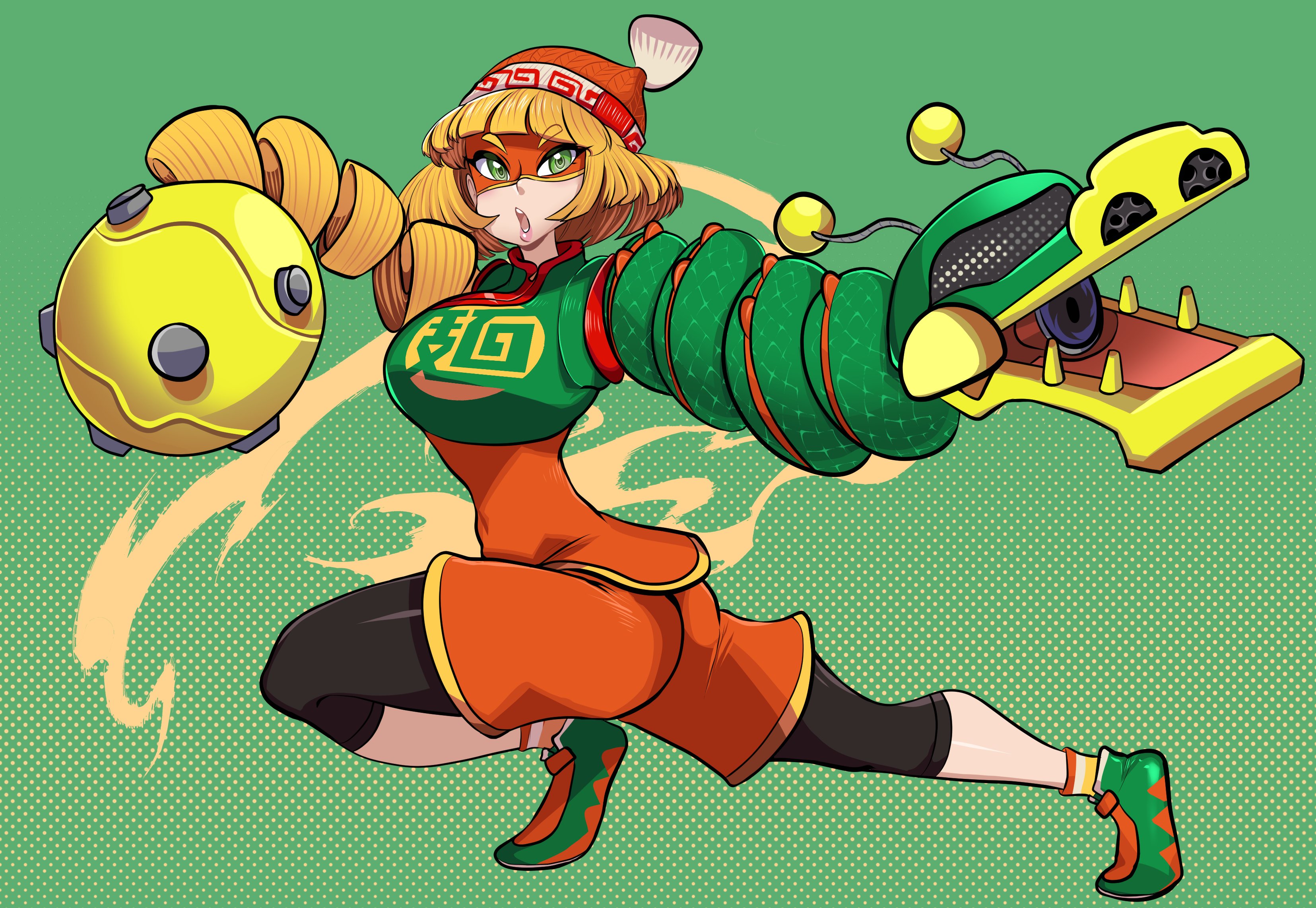 1girl @_@ absurdres armor arms_(game) beanie blonde_hair blunt_bangs dragon_(arms) full_body green_background green_eyes hat highres leggings looking_at_viewer mask megawatt_(arms) min_min_(arms) missandydandy nintendo open_mouth pink_lips short_hair shorts solo twisted_torso