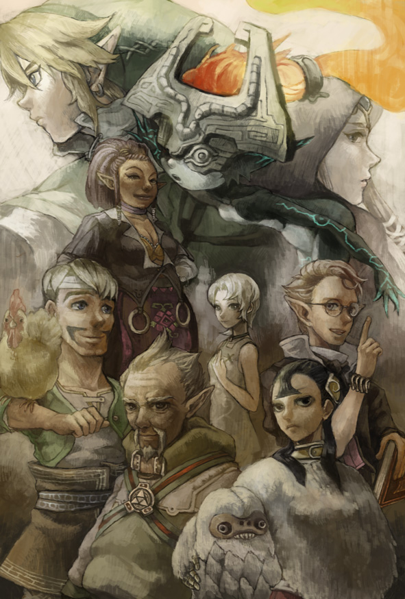 4boys 5girls ashei auru bad_id bad_pixiv_id beard bird black_eyes black_hair blonde_hair blue_eyes book chicken cucco earrings facial_hair glasses hat helmet ilia jewelry link long_hair midna multiple_boys multiple_girls nintendo pointy_ears princess_zelda robe rusl shad shad_(zelda) telma the_legend_of_zelda the_legend_of_zelda:_twilight_princess yo_mo