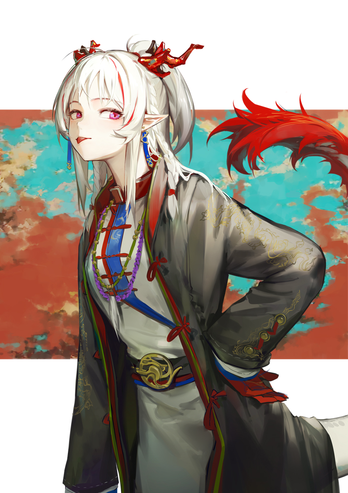 1girl arknights belt black_coat braid china_dress chinese_clothes coat commentary dress earrings hand_on_own_hip huanxiang_heitu jewelry long_hair long_sleeves looking_to_the_side multicolored_hair necklace nian_(arknights) pointy_ears ponytail red_eyes sidelocks solo streaked_hair symbol-only_commentary tail tassel tassel_earrings tongue tongue_out white_dress white_hair