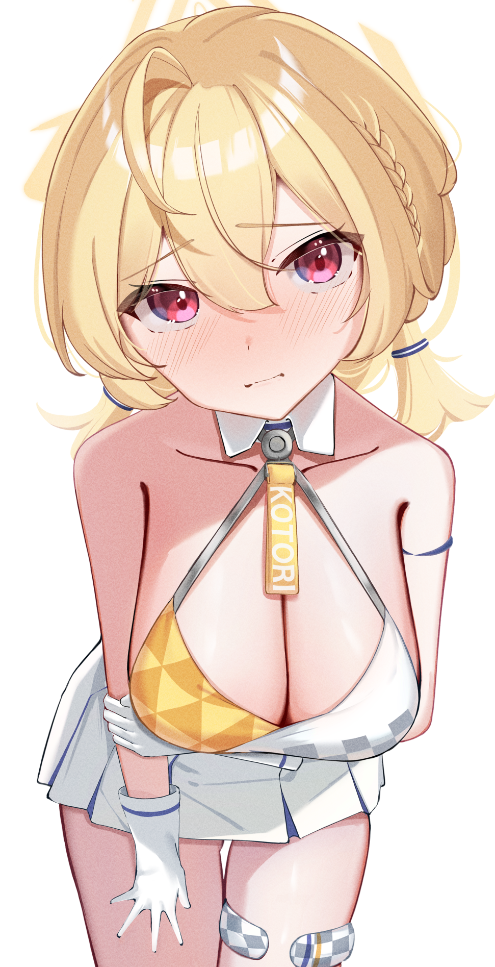 1girl :| ahoge blue_archive blue_skirt blush braid breasts character_name cheerleader cleavage closed_mouth commentary_request crop_top detached_collar gloves hair_between_eyes halo highres kotori_(blue_archive) kotori_(cheer_squad)_(blue_archive) looking_at_viewer nosuke_tmg pink_eyes simple_background skirt solo two-tone_skirt white_background white_gloves white_skirt yellow_halo
