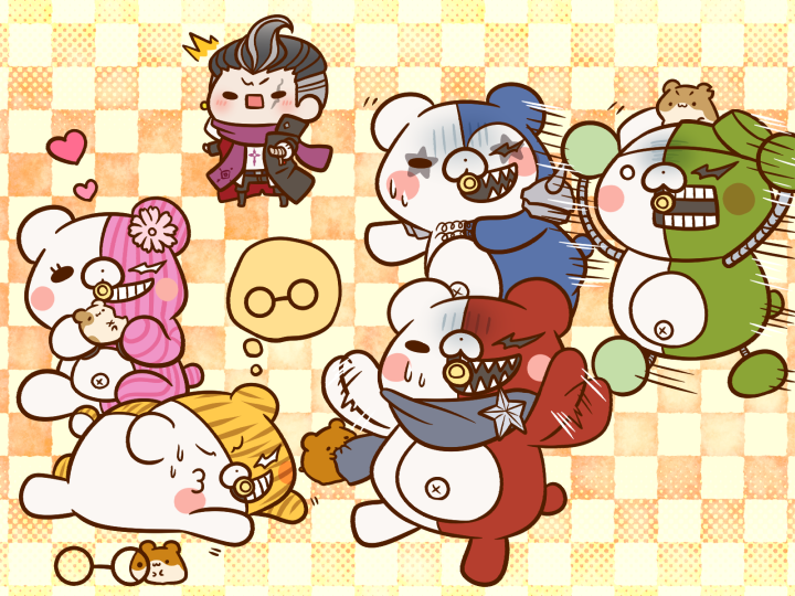 ^^^ afterimage animal animal_focus bandaged_hand bandages bear belt belt_buckle black-framed_eyewear black_belt black_coat black_eyes black_footwear black_hair black_pants blush_stickers boots buckle checkered_background coat collared_coat cross cross_print danganronpa_(series) danganronpa_2:_goodbye_despair danganronpa_v3:_killing_harmony flower furrowed_brow glasses grey_hair grey_scarf hamster heart high_collar holding holding_animal jacket knee_boots light_blush long_sleeves monodam monokid monophanie monosuke monotaro_(danganronpa) motion_blur motion_lines multicolored_hair non-humanoid_robot open_clothes open_coat open_jacket open_mouth pacifier pants pink_flower pink_scarf red_coat robot robot_animal round_eyewear scar scar_across_eye scar_on_face scarf sharp_teeth shirt short_hair sideburns simple_background sitting solid_oval_eyes speech_bubble spoken_object streaked_hair sweatdrop tanaka_gundham teeth thought_bubble two-sided_coat two-sided_fabric two-tone_hair v-shaped_eyebrows white_jacket white_shirt yellow_background yumaru_(marumarumaru)