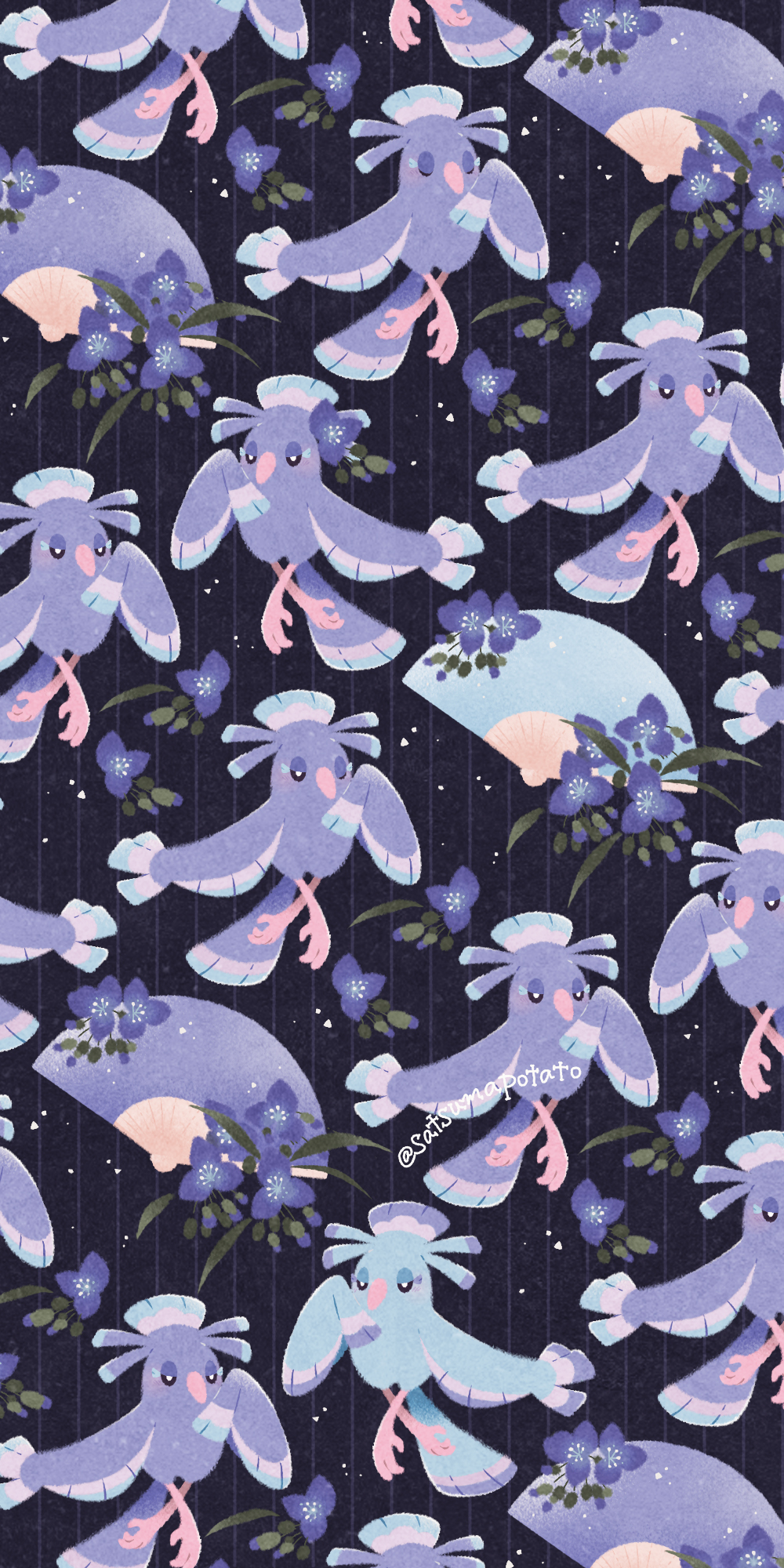 bird black_eyes bright_pupils closed_mouth eyelashes flower flower_request folding_fan full_body gen_7_pokemon hand_fan highres nintendo no_humans oricorio oricorio_(sensu) pokemon pokemon_(creature) purple_flower satsumapotato striped_background twitter_username white_pupils
