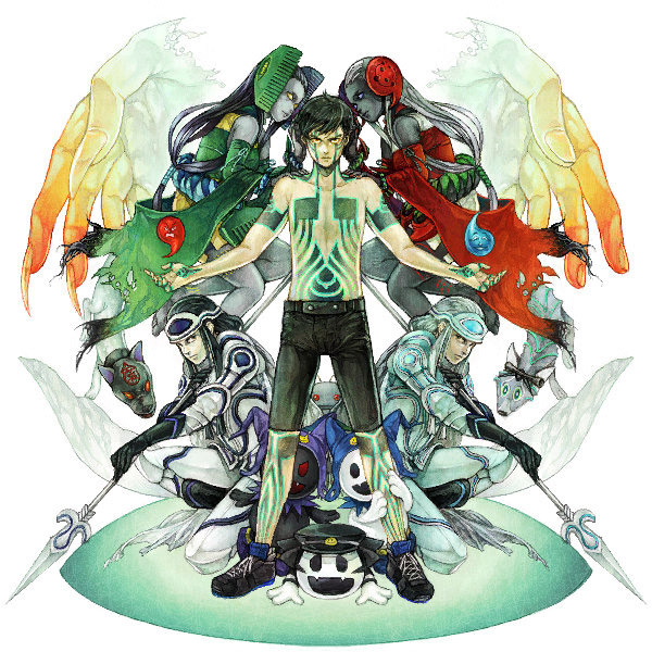 2girls 6+boys ara_mitama_(megami_tensei) armor atlus black_footwear black_frost black_hair black_shorts black_skin blue_eyes blue_hat claws colored_skin comb cu_chulainn_(megami_tensei) demi-fiend demon detached_sleeves disembodied_hand doppelganger fangs fingernails full-body_tattoo green_sleeves grey_skin hair_ornament hat hiding hiding_behind_another holding holding_another&#039;s_leg holding_polearm holding_weapon jack_frost_(megami_tensei) japanese_clothes kikuri-hime_(megami_tensei) kimono kushinada-hime_(megami_tensei) long_hair looking_at_viewer magatama makami_(megami_tensei) mothman_(megami_tensei) multiple_boys multiple_girls nigi_mitama_(megami_tensei) pale_skin polearm purple_hat raiho red_sleeves serious shako_cap sharp_fingernails shiki_karuta shin_megami_tensei shin_megami_tensei_iii:_nocturne shoes short_hair shorts sidelocks smiley_face sneakers spear symmetrical_pose tam_lin_(megami_tensei) tattoo topless_male weapon white_armor white_hair yellow_eyes