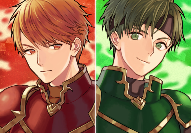 2boys armor fire_emblem fire_emblem:_the_blazing_blade green_armor green_eyes green_hair headband kent_(fire_emblem) kiyuu looking_at_viewer male_focus multiple_boys nintendo red_armor red_hair sain_(fire_emblem) short_hair smile