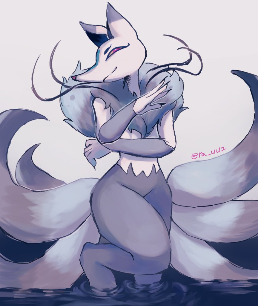 animal_ears artist_name colored_sclera extra_tails fire fox_ears furry inugami_(youkai_watch) kitsune kyuubi looking_at_viewer multiple_tails purple_fire red_eyes rongai28 solo tail water white_background white_fur yellow_sclera youkai_(youkai_watch) youkai_watch
