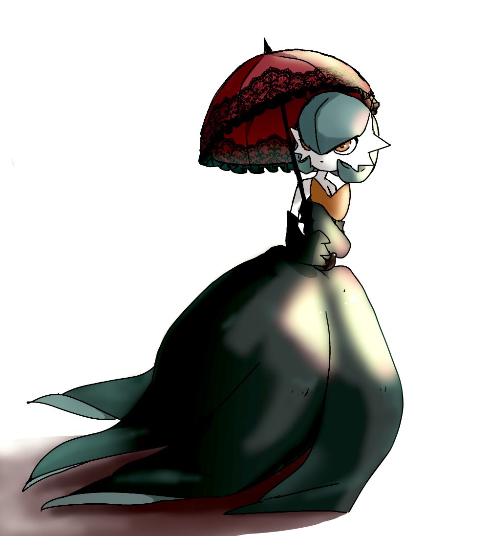 1girl alternate_color bare_shoulders black_dress black_gloves blue_hair bob_cut closed_mouth colored_skin dress elbow_gloves expressionless female_focus flat_chest full_body gardevoir gen_3_pokemon gloves hair_over_one_eye hands_up holding holding_umbrella lace-trimmed_umbrella lace_trim long_dress looking_to_the_side mega_gardevoir mega_pokemon nintendo one_eye_covered orange_eyes parasol pochi_(01_01pochi) pokemon pokemon_(creature) shiny_pokemon short_hair simple_background solo standing strapless strapless_dress umbrella white_background white_skin
