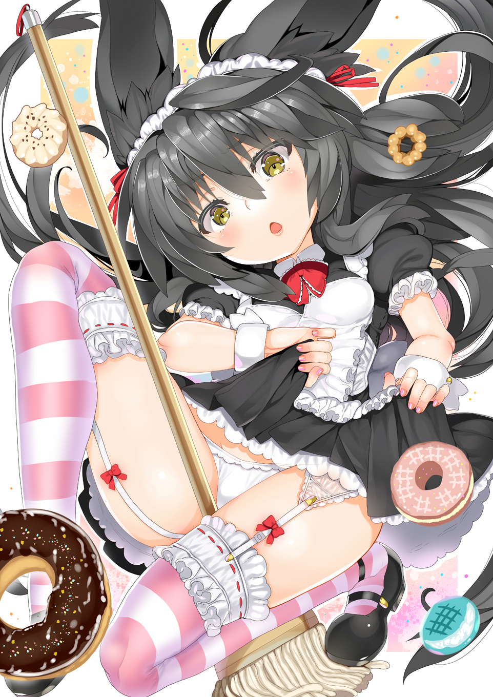 1girl alternate_costume animal_ears apron black_hair blush breasts char clothes_lift donut dress dress_lift enmaided female_focus food garter_belt garter_straps hairband highres long_hair looking_at_viewer lying maid maid_apron maid_headdress mop necro-san on_back open_mouth original panties small_breasts solo striped_clothes striped_thighhighs thighhighs underwear very_long_hair white_panties wrist_cuffs yellow_eyes