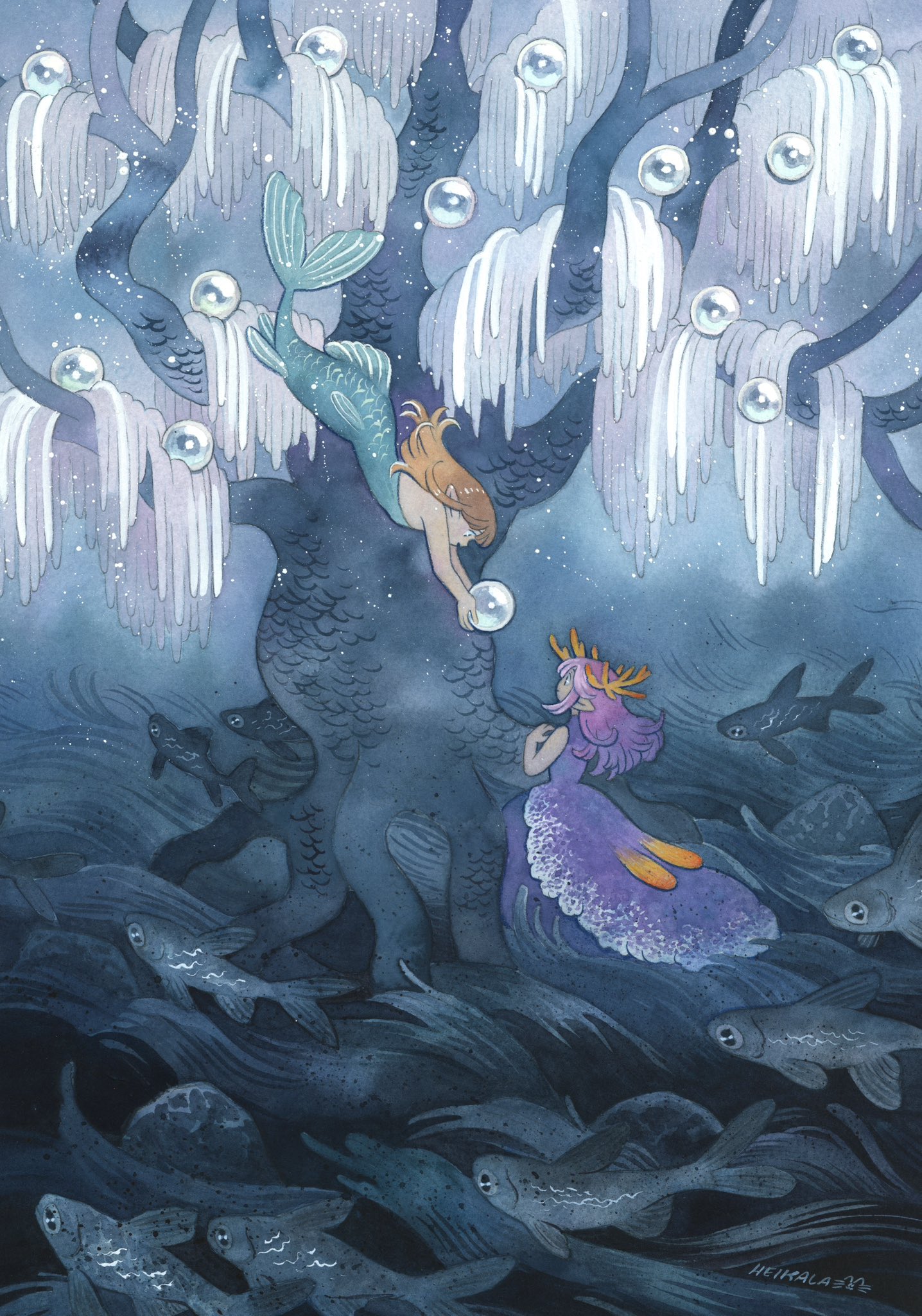 2girls animal black_eyes blue_background blue_scales blue_theme colored_tips commentary dress fantasy finnish_commentary fins fish gem googly_eyes gown green_scales green_tail hair_ornament heikala highres holding_pearl kneeless_mermaid layered_skirt light_brown_hair long_dress long_hair mermaid mini_person minigirl monster_girl multicolored_hair multiple_girls nude original outdoors painting_(medium) pearl_(gemstone) pink_hair pointy_ears purple_dress purple_hair scenery school_of_fish skirt sleeveless sleeveless_dress standing swimming traditional_media tree underwater upside-down water watercolor_(medium)