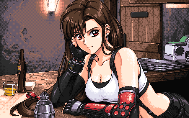 1girl bar_(place) bare_shoulders black_skirt breasts brown_hair cocktail_shaker crop_top dithered_background dithering door earrings elbow_gloves final_fantasy final_fantasy_vii fingerless_gloves glass gloves jewelry large_breasts long_hair looking_at_viewer low-tied_long_hair midriff navel pc-98_(style) pixel_art red_eyes sirknightbot skirt smile soda_bottle solo suspenders tank_top tifa_lockhart tray wall_lamp