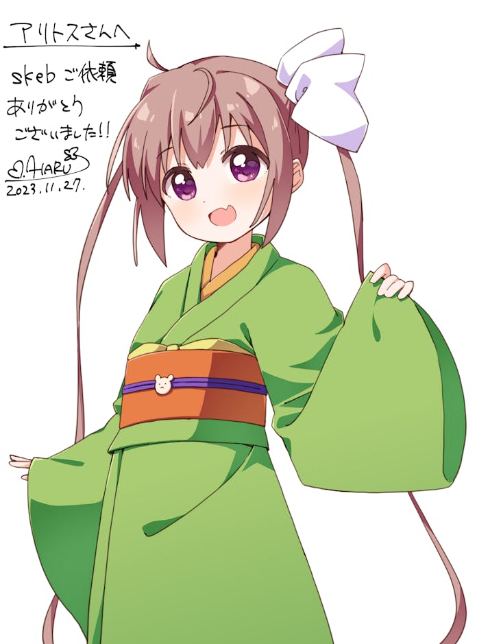 1girl :d ahoge blush commentary_request commission cowboy_shot dated dot_nose fang green_kimono hair_ribbon hand_up haru_(konomi_150) japanese_clothes kimono long_hair long_sleeves looking_at_viewer momochi_tamate obi open_mouth orange_sash purple_eyes ribbon sash signature simple_background skeb_commission skin_fang slow_start smile solo twintails very_long_hair white_background white_ribbon wide_sleeves