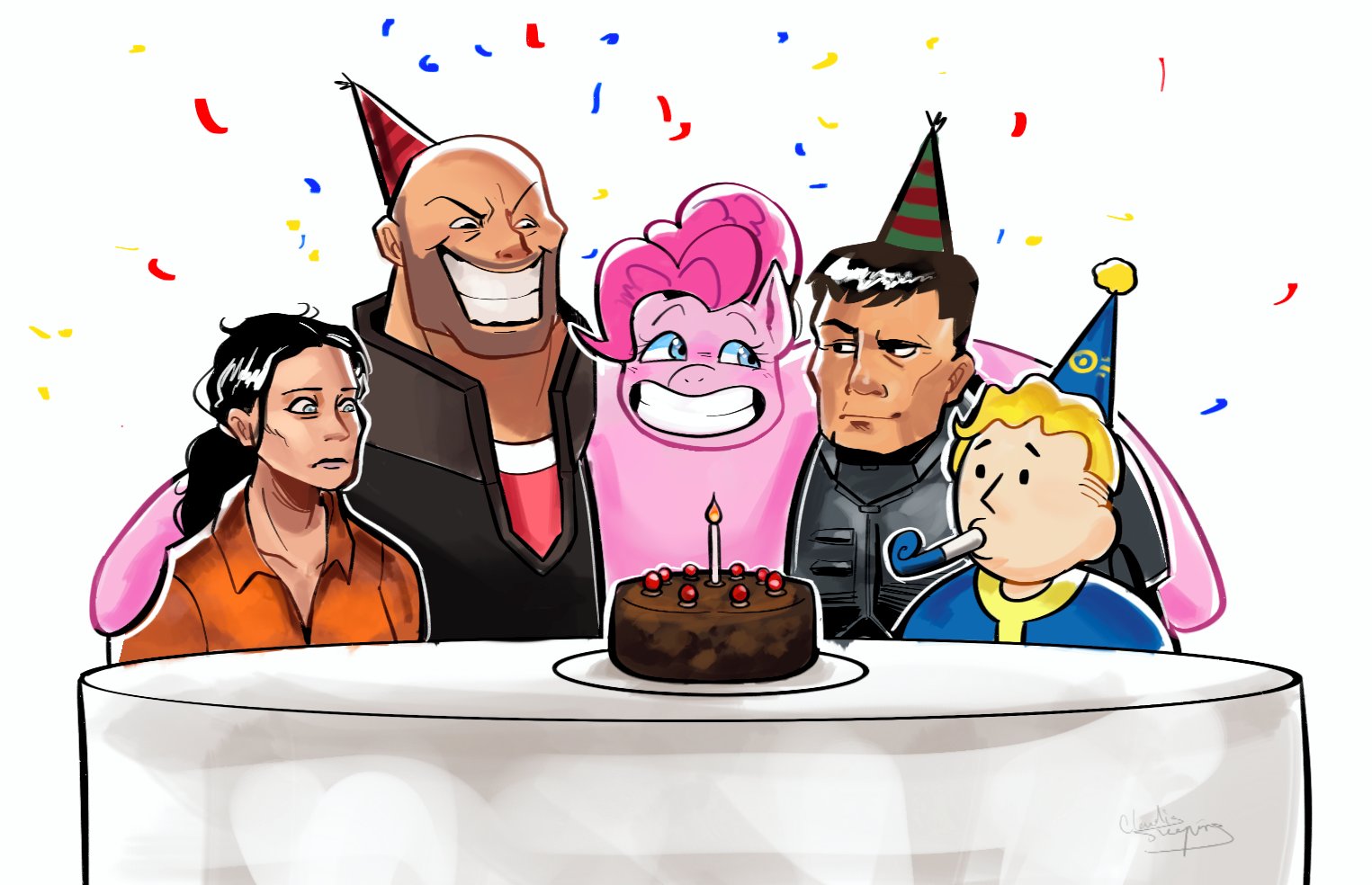 2girls 3boys artist_name bald beard_stubble black_forest_cake black_hair black_vest blonde_hair blue_eyes blue_shirt cake candle character_request chell closed_mouth cloudissleeping commentary confetti dessert doom_(series) doom_ii doomguy english_commentary facial_hair fallout food grin hat heavy_(tf2) jumpsuit looking_at_another multiple_boys multiple_girls my_little_pony orange_jumpsuit party_hat party_popper pink_hair pinkie_pie portal_(series) portal_1 red_shirt shirt signature simple_background smile stubble table team_fortress_2 teeth upper_body vault_boy vest white_background