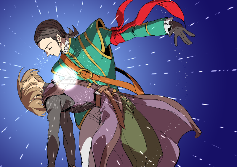 2boys aqua_jacket armband belt black_gloves black_hair black_shirt blue_background brown_belt brown_hair brown_trim closed_eyes commentary_request crossover dragon_quest dragon_quest_xi floating_clothes floating_hair frills gloves glowing gold_trim green_pants hero_(dq11) jacket katori_(katokichi) lifting_person male_focus medium_hair multiple_boys official_alternate_costume pants parody parted_hair parted_lips profile purple_jacket red_armband scene_reference sekai_wo_kakumei_suru_chikara_wo shirt shoujo_kakumei_utena sleeveless sleeveless_jacket sylvia_(dq11) white_pants