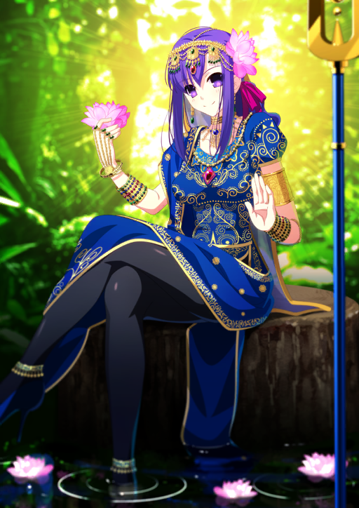 1girl anklet aotsuki_takao armlet asymmetrical_bangs bangle bead_bracelet beads black_pantyhose black_shoes blue_shawl blue_shirt blue_skirt blurry bracelet breasts chain circlet closed_mouth crossed_legs earrings fate/grand_order fate_(series) feet_out_of_frame flower flower_request gold_anklet gold_armlet gold_choker gold_circlet gold_necklace green_background hair_flower hair_ornament hair_ribbon hand_chains hands_up high_heels holding holding_flower indian_clothes jewelry large_breasts long_hair long_sidelocks long_skirt long_veil looking_at_viewer low_side_ponytail multiple_bracelets multiple_necklaces multiple_rings necklace no_pupils official_art outdoors pantyhose parvati_(fate) pink_flower pink_ribbon polearm pumps purple_eyes purple_hair ribbon ring shawl shirt shoes short_sleeves sidelocks sitting skirt smile soaking_feet solo star_(symbol) star_in_eye symbol_in_eye third-party_source tree_stump trident trishula_shakti_(fate) veil wavy_hair weapon