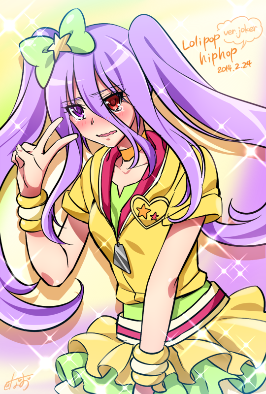 0417nao 10s 1girl 2014 bad_id bad_pixiv_id blush bow brooch character_name choker cosplay crown_joker_(0417nao) cure_lovely cure_lovely_(cosplay) cure_lovely_(lollipop_hip_hop) dated embarrassed female_focus hair_bow happinesscharge_precure! heart heart_brooch heterochromia jewelry long_hair magical_girl original precure purple_eyes purple_hair red_eyes sidelocks skirt solo sparkle twintails v