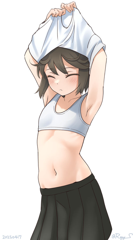 armpits arms_up artist_name black_hair black_skirt bra closed_eyes closed_mouth flat_chest kantai_collection miyuki_(kancolle) navel pleated_skirt ray.s shirt skirt training_bra underwear undressing white_background white_bra white_shirt